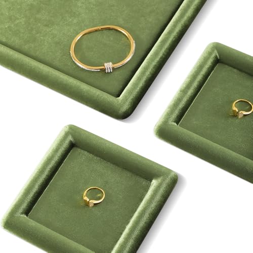 Velvet Jewelry Display Tray for Ring Earrings Necklace Bracelet Flat Tray - color: Olive Green, size: 5.12 × 5.12 in