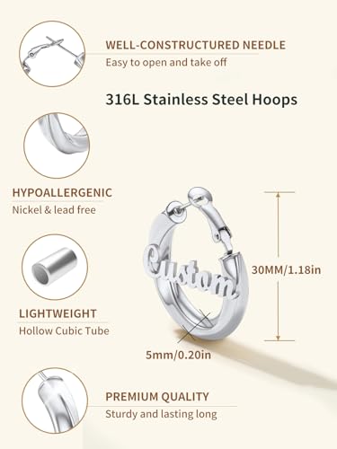 FindChic Twisted Hoop Earrings for Women, Silver/Black/14K Gold Plated Hypoallergenic Hollow Tube Rounded Loop Earrings, 30mm/40mm/60mm/80mm Hoops with Custom Name Options and Gift Box - color: e.Silver (Custom Name), size: 30MM