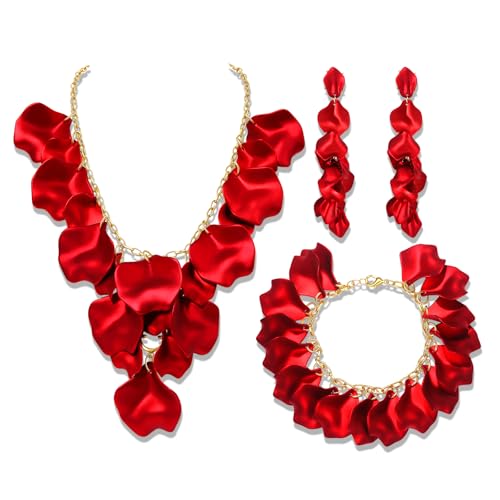 MOLOCH Flower Jewelry Sets for Women Rose Flower Petal Necklace Earrings Bracelets Set Layered Statement Accessories Summer Beach Party Jewelry Gifts - color: Red