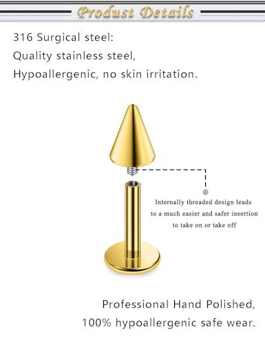 Internally Threaded Labret Studs 18G 16G 14G Surgical Steel Lip Piercing Jewelry with Claw Tool Monroe Snake Bite Jewelry Flat Back Barbell for Women Men Plus Piercing Ball Grabber Tool - color: goldtone, size: 14g,ball+spike end