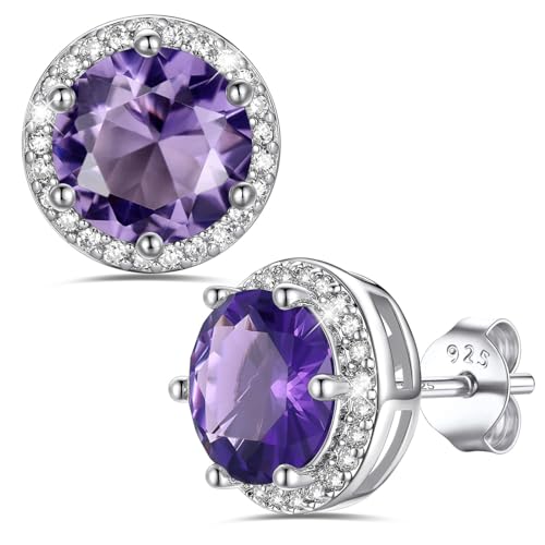 Bestyle Authentic 925 Sterling Silver 2 Carat Birthstone Earrings for Women, More Sparkle Heart/Round Solitaire Diamond Studs Earrings, Great Birthday/Christmas/Anniversary Jewelry for Wife Mother - color: 02. Feb. Amethyst-Round