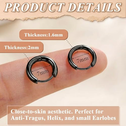 Surgical Steel Huggie Hoop Earrings & Flat Back Studs for Women Men, 6mm-14mm Small Hoops for Cartilage Helix Tragus Lobe, 1-10 Pairs Multiple Piercing Jewelry Set for Sensitive Ears - style: 1Pair,Black,7mm(THK:1.6mm)