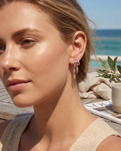 Gold Earrings for Women Trendy 14K Gold Plated Dangle Earrings Small Hoop Huggie Drop Stud Earrings Cubic Zirconia Simple Minimalist Dainty Chain Tassel Hypoallergenic Earrings - color: CZ Tassel & Rose Gold
