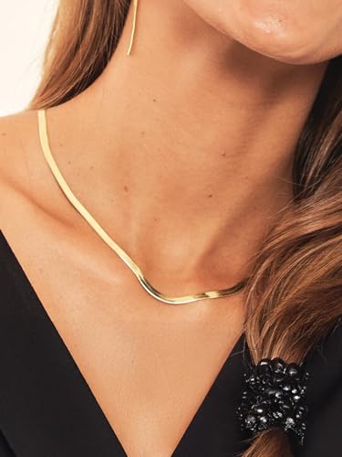 ChainsHouse Flat Snake Chain Herringbone Choker Necklace for Women, Stainless Steel/Rose Gold/18K Gold Plated Dainty Adjustable Simple Short Layered Necklaces, 12"/15"/18" with 3.5" Extender - color: a. 14k gold plated-5mm