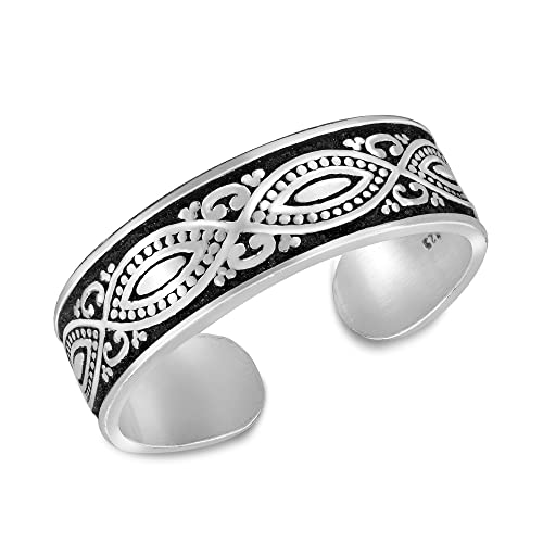 AeraVida .925 Sterling Silver Adjustable Toe Ring or Pinky Ring 5mm Wide Open Band, Stackable Minimalist Summer Foot Jewelry | Sun Moon Star Turtle Butterfly Leaf Olive Branch Ocean Wave Yin Yang Design - style: Balinese 2