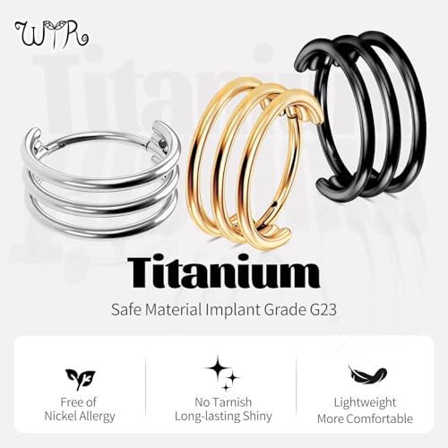 G23 Titanium Conch Piercing Jewelry Hoop: 16G 8mm/10mm/12mm Diamond Cartilage Earring Helix Double Piercing Hoop Septum Rings Hypoallergenic Nose Rings Hinged Segment Clicker Lip Rings Rook Daith Tragus Earrings - color: Silver-Triple Layers