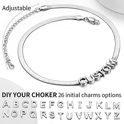 ChainsHouse Flat Snake Chain Herringbone Choker Necklace for Women, Stainless Steel/Rose Gold/18K Gold Plated Dainty Adjustable Simple Short Layered Necklaces, 12"/15"/18" with 3.5" Extender - color: c. stainless-5mm-custom