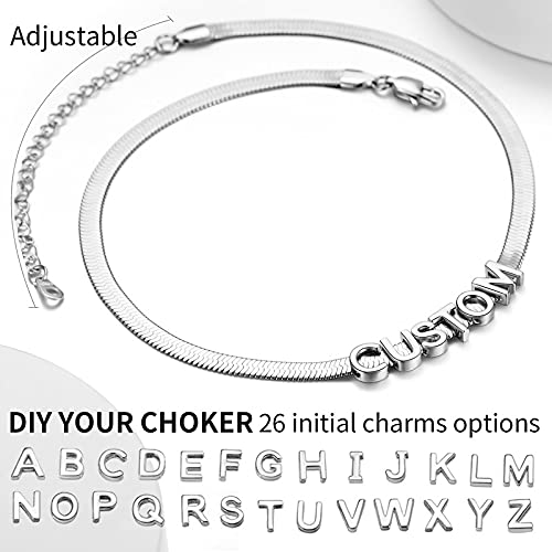 ChainsHouse Flat Snake Chain Herringbone Choker Necklace for Women, Stainless Steel/Rose Gold/18K Gold Plated Dainty Adjustable Simple Short Layered Necklaces, 12"/15"/18" with 3.5" Extender - color: c. stainless-5mm-custom