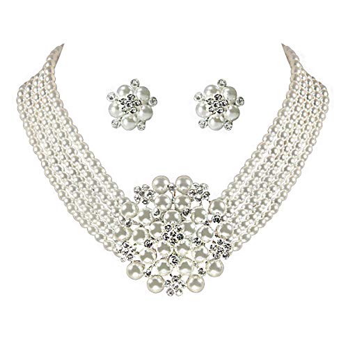 Classic Faux Pearl Jewelry Set for Women, 1950s Inspired Strand Necklace with Earrings, Elegant Gift for Mother's Day & Wedding - color: Clips Earring and Necklace