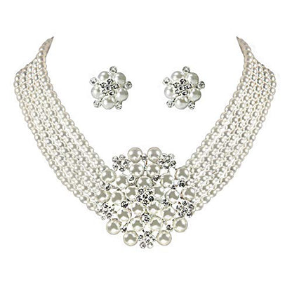 Classic Faux Pearl Jewelry Set for Women, 1950s Inspired Strand Necklace with Earrings, Elegant Gift for Mother's Day & Wedding - color: Clips Earring and Necklace