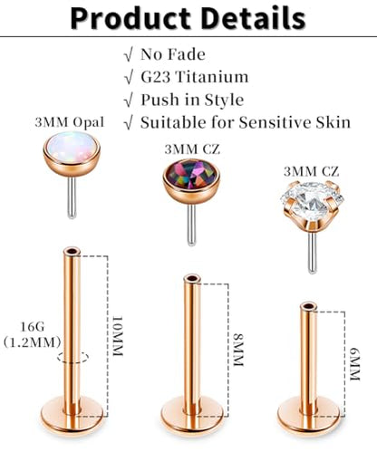 16G 18G 20G 3PCS G23 Titanium Push in Labret Monroe Stud Threadless Lip Ring Opal CZ Nose Stud Pure Titanium for Sensitive Skin Cartilage Helix Tragus Earrings Stud 6MM 8MM 10MM - style: 16G-Rose Gold