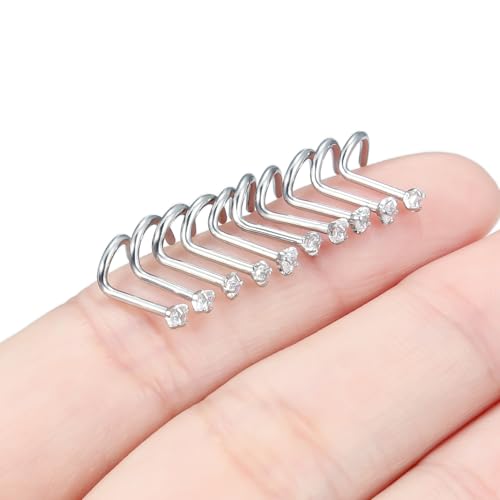 Nose Studs Surgical Steel Nose Rings Studs with Cubic Zirconia 10Pcs Tiny Nostril Rings for Women Screw Bone and L-Shaped Nostril Piercing Jewelry 24G 22G 20G 18G - color: silvertone,screw nose studs, size: 18g,2.0mm Clear CZ