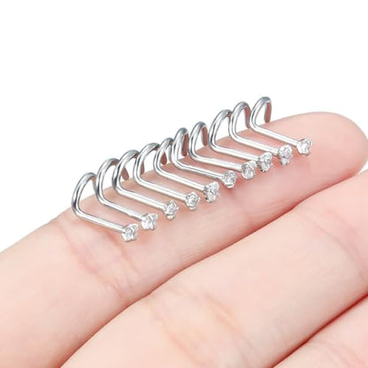 Nose Studs Surgical Steel Nose Rings Studs with Cubic Zirconia 10Pcs Tiny Nostril Rings for Women Screw Bone and L-Shaped Nostril Piercing Jewelry 24G 22G 20G 18G - color: silvertone,screw nose studs, size: 18g,2.0mm Clear CZ