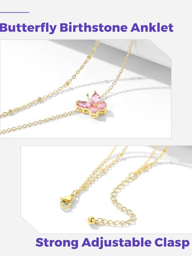 Richsteel Double Layer Heart/Butterfly Birthstone Anklet for Women | Non Tarnish Waterproof, Silver/Gold/Black Stainless Steel 8.5-10.5 Inch Adjustable Chain Anklets Summer Beach Foot Jewelry - color: Gold Butterfly-10 Oct.(Pink Tourmaline)