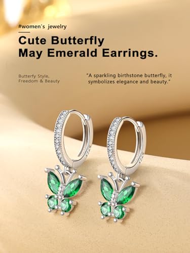 Bestyle Gold Butterfly Earrings for Women, Dainty Cute Birthstone Studs Hypoallergenic Jewelry, Great Birthday Gift - style: 05.May(Emerald)-DANGLE
