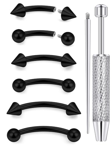 Internally Threaded Eyebrow Piercing Jewelry Surgical Steel Tiny Eyebrow Rings Vertical Labret Lip Jewelry Small Ear Rook Earring for Women Men 18g 16g 14g Plus Piercing Ball Grabber Tool - color: black, size: 14g,ball+spike end
