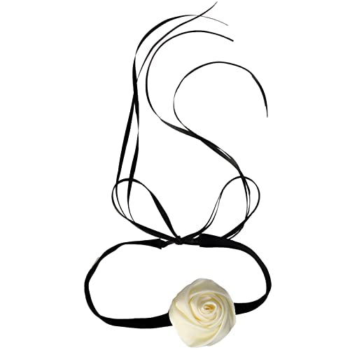 Black Choker Camellia Flower Lace-up Necklace For Women - color: Beige rose