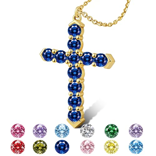 Cross Necklace for Women, Silver Cross Pendant Necklaces | 14K Gold Plated, Dainty CZ Cross Necklace, Non Tarnish and Hypoallergenic Jewelry for Women, Christian Religious Faith Gifts - color: A-Dark Blue-Gold