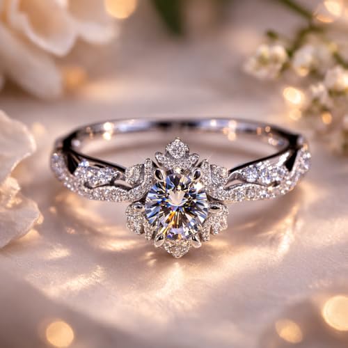 925 Sterling Silver Plated Diamond Ring Hollow Out Flower Ring Cz Simulated Diamond Star Ring Crystal Rings Delicate Everyday Ring for Women (Silver, 9) - size: 9