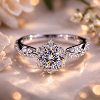 925 Sterling Silver Plated Diamond Ring Hollow Out Flower Ring Cz Simulated Diamond Star Ring Crystal Rings Delicate Everyday Ring for Women (Silver, 6) - size: 6