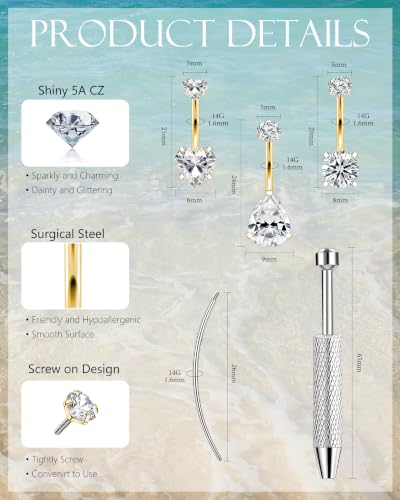 ONESING 14G Belly Button Rings Hypoallergenic Surgical Stainless Steel Belly Rings for Women Round Heart Teardrop Cubic Zirconia 12MM Navel Piercing Jewelry Barbell Studs with Tools - color: Gold-14G