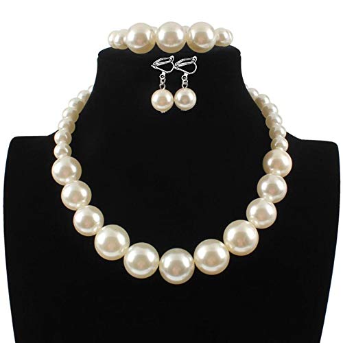 Bridal Wedding Faux Pearl Statement Necklace and Clip on Earrings Bracelet Jewelry Sets Women Bib Choker Necklace - color: White-Necklace+Bracelet+Clip Earrings