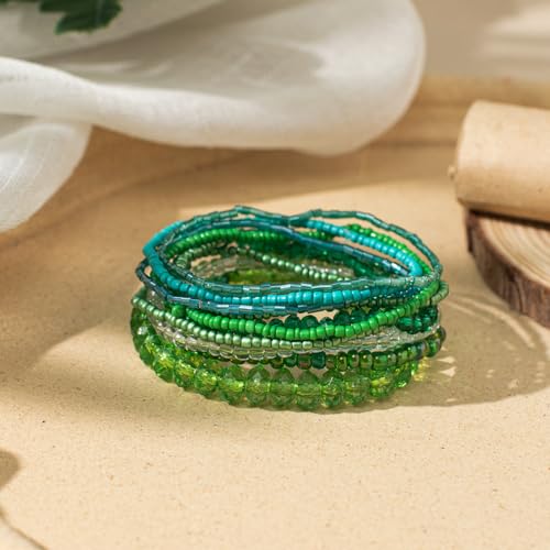 tenghong2021 Handmade Bohemian Multilayer Bracelets Boho Glass Beaded Colorful Strand Multilayered Stackable Seed Beads Bracelet for Women Friends Friendship Gifts Summer Beach Hawaii Jewelry - color: Green