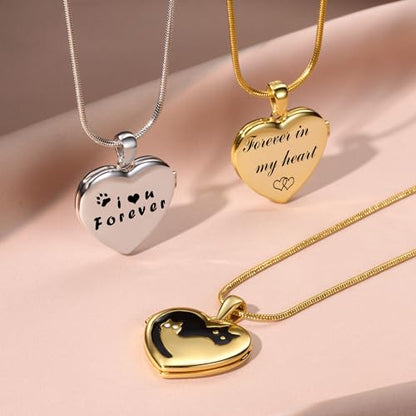 Fanery Sue Personalized Pet Locket Picture Necklace,Dog Cat Memory Gift | Custom Engraved Heart Photo Lockets Necklaces,Dog Cat Sympathy Memorial Jewelry for Women Men - color: Golden, style: 2 Cats