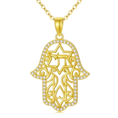 Hamsa Necklace 925 Sterling Silver Evil Eye/Lotus Flower/Star of David/Chai/Yin Yang Hamsa Hand Pendant Jewelry Hand of Fatima Gifts for Women - style: Chai-Gold
