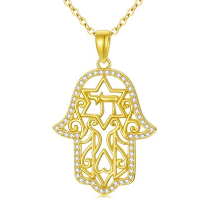 Hamsa Necklace 925 Sterling Silver Evil Eye/Lotus Flower/Star of David/Chai/Yin Yang Hamsa Hand Pendant Jewelry Hand of Fatima Gifts for Women - style: Chai-Gold