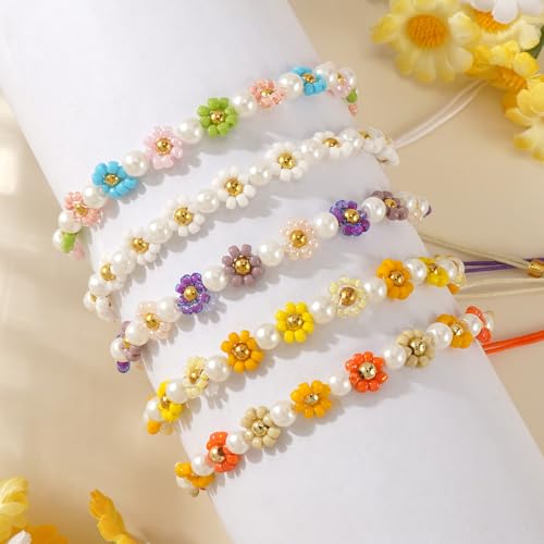 Daisy Pearl Flower Beaded Bracelets for Women, Colorful Floral Adjustable Rope Gold Seed Beads Stackable Boho Pearl Braided Flower Bracelet Stack Summer Jewelry Trendy Cute Friendship Gifts