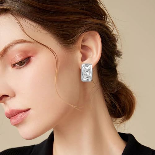 REELMAR Chunky Geometric Clip On Earrings for Women Trendy Gold-Plated Thick Hammered Rectangle Dupes Earrings Minimalist Statement Earrings No Piercing Clips - color: Square-Silver