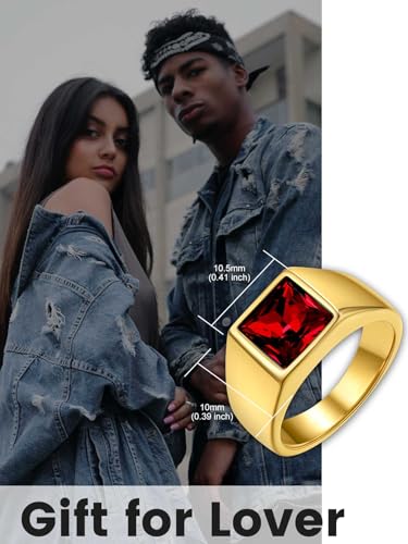 KeyStyle Square Gemstone Signet Rings for Men, Personalized Stainless Steel Pinky Ring with Black Onxy Blue Topaz Birthstone Statement Ring - color: Gold - Custom Stone - 8mm