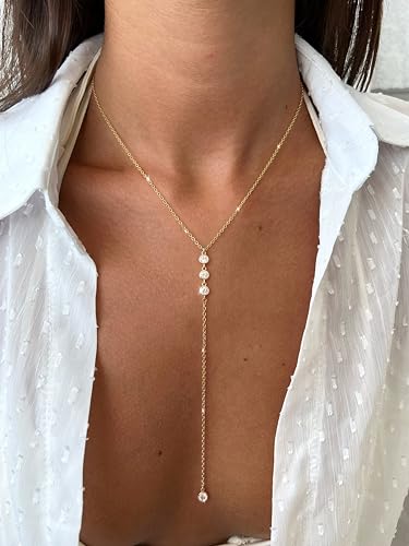 Tewiky Dainty 14k Gold Plated/Silver Cubic Zirconia Necklaces for Women, Simple CZ Jewelry Necklaces Trendy Gifts - color: Gold cz Ynecklace