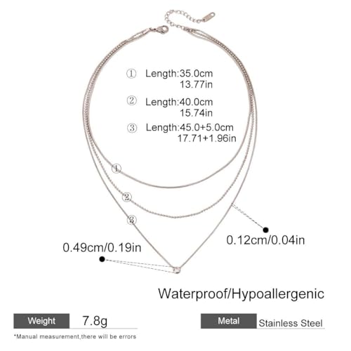 Women Stainless Steel Triple Strand Chain Necklace w Crystal Charm | Multi-Layered Dainty Style Three Layer Bead and Snake Chain Waterproof Non-Tarnish Trendy Jewelry Gifts - color: Silver