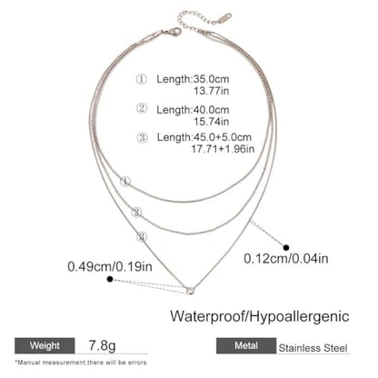 Women Stainless Steel Triple Strand Chain Necklace w Crystal Charm | Multi-Layered Dainty Style Three Layer Bead and Snake Chain Waterproof Non-Tarnish Trendy Jewelry Gifts - color: Silver