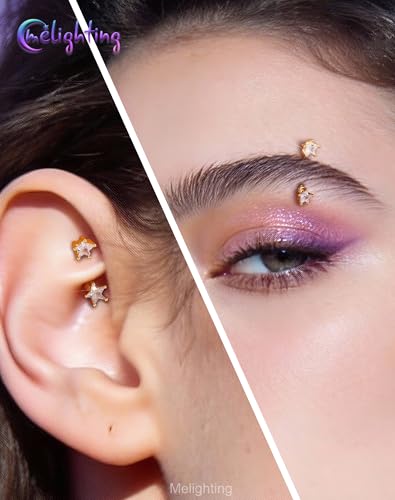 Melighting 16G Gold Star Rook Piercing Bar, 6/8 mm Rook Earring with Clear CZ, 316L Stainless Steel Stylish Eyebrow Lobe Piercing Jewellery for Daily Wear Women - color: Gold, size: 16G6mm