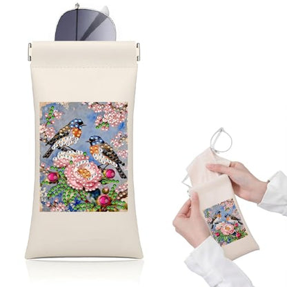 Diamond Art Painting Eye Glass Bag PU Sunglasses Glasses Storage Bag Built-in Glasses Cloth Press Automatic Closure - color: Birds