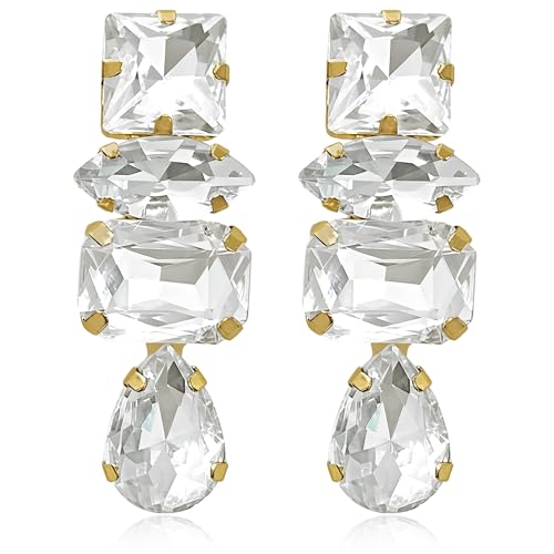 Dainty Sparkly Crystal Square Teardrop Circle Dangle Drop Earrings Long Chic Glitter Rhinestones Geometry Stud Earrings For Women - style: White