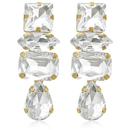 Dainty Sparkly Crystal Square Teardrop Circle Dangle Drop Earrings Long Chic Glitter Rhinestones Geometry Stud Earrings For Women - style: White