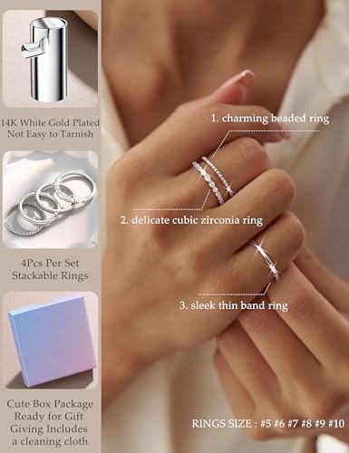 Florideco 14K Gold Plated Stackable Rings for Women Non Tarnish Dainty Cubic Zirconia Thumb Ring Set Silver Plated Stacking Set Statement Promise Band Ring Sets - color: Silver-plated