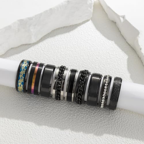 EIELO 9Pcs Stainless Steel Band Rings for Men Women Cool Fidget Spinning Chain Ring Anxiety Relief Fashion Simple Wedding Engagement Black Ring Set - color: Black