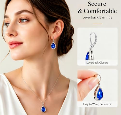 VONSSY Classic Oval Pendant Gemstone Necklace | Crystal Ruby Sapphire Waterdrop Birthstone Teardrop Emerald Necklace | 18K Platinum Gold Plated Chain | Jewelry Gift for Mother Wife Girlfriend - color: NL & ER - Sapphire