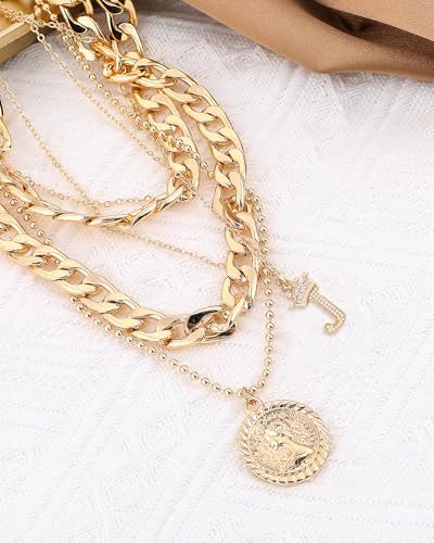MJartoria Layered Necklaces for Women Trendy Retro Coin Crown Letter Pendant Necklace Dainty Chunky Chain Choker Necklaces for Jewelry Birthday Gifts - style: J