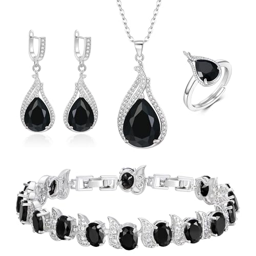 Jewelry Set for Bride, Sparkling Water Drop Cubic Zirconia Crystal Pendant Necklace Leverback Earrings Tennis Bracelet Adjustable Ring Gift for Wedding/Birthday/Mother's Day/Christmas - color: 16-Black