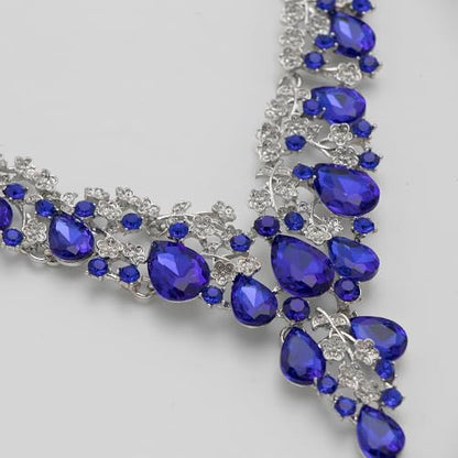 Bridal Bridesmaid Austrian Crystal Jewelry Set, Floarl rhinestone Statement Neckace Teardrop Necklace Drop Dangle Earrings Set - color: Royal Blue -Silver Tone