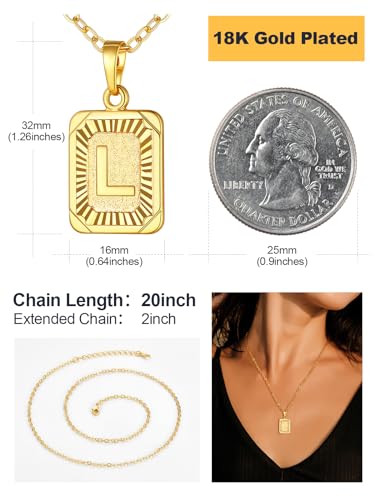 U7 Initial Necklaces for Women, Square Letter Pendant Necklace | Gold & Silver Plated A-Z Pendant | Personalized Large Monogram | 20+2" Adjustable Chain | Gift Packed for Mom Wife Friends - color: a. Gold, style: L