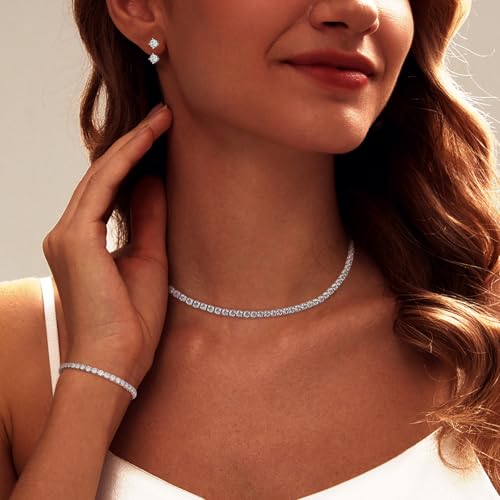 Luxval Tennis Necklace Set for Women Tennis Bracelets Diamond Earrings Sterling Silver Necklace Wedding Jewelry for Bride Silver Jewelry Sets for Women Gift - color: Silver-CZ 3pcs