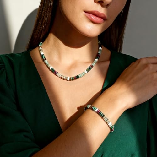 Beaded Necklaces for Women 3Pcs Colorful Boho Gemstone Bead Choker Summer Natural Stone Surfer Beach Bead Necklace Bracelets Earring Set Handmade Jewelry for Women Gift Jewelry Sets - color: 02-green