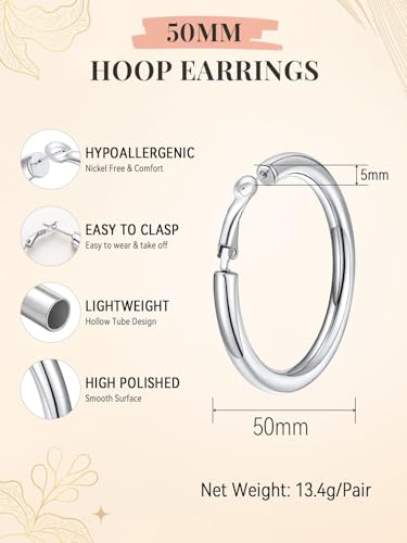 FaithHeart Silver/Black/Gold Stainless Steel Chunky Hoop Earrings for Women | Hypoallergenic Lightweight Hoop Earrings, Trendy Statement Thick Hoop, 20/30/40/50/60/70/80mm - color: Silver, size: 50mm